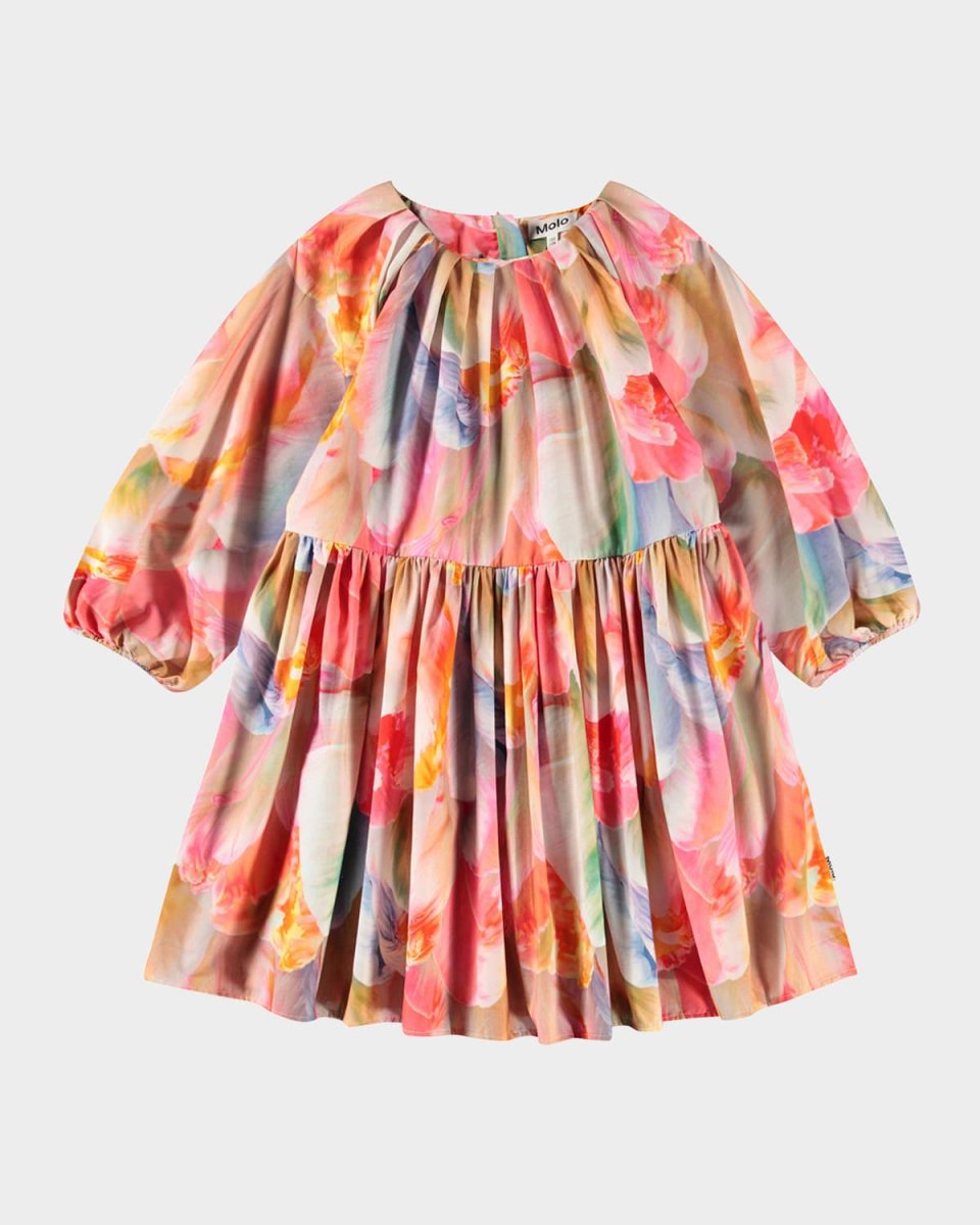 Girl's Ciera Long-Sleeve Gathered Floral Cotton Dress, Size 3T-6